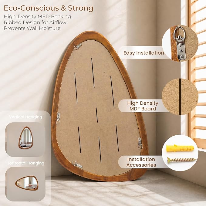 30" x 20" Asymmetrical Wall Mirror with Brown Wood Frame, Irregular Wall Mirror for Bedroom Entryway Living Room, HD Tempered Glass, Horizontal or Vertical Hanging