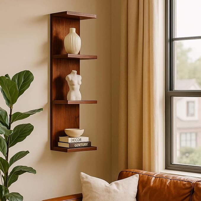 4 Tier Wall Shelf Unit,Vertical Column Floating Storage Home Decor Organizer,Walnut Lack Wall Shelf for Bedroom,Living Room,Office Decor(2 Pack)