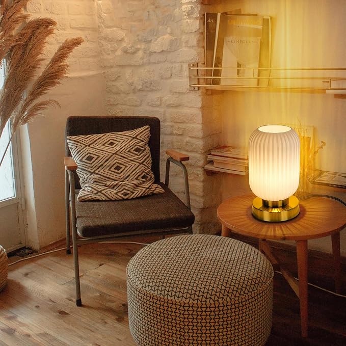 Mid Century Modern Table Lamp with Milk White Ribbed Glass Shade,Touch Control & 3 Way Dimmable, Small Gold, Vintage Bedside Lamp for Bedroom, Living Room,Office (Bulb Included)