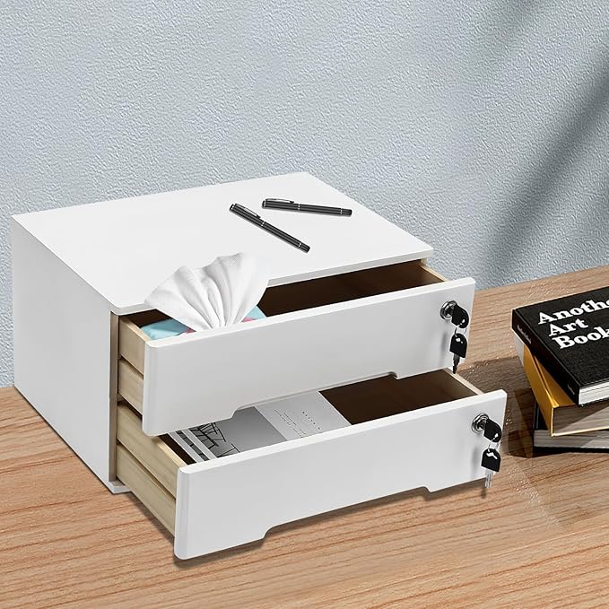 Desktop File Organizer with Lock, 2/3/4 Tier Multi-Drawer Wooden Storage Cabinet, Office Supply Organizer for Home Desk, Study & Workplace (White, 2 Layers)