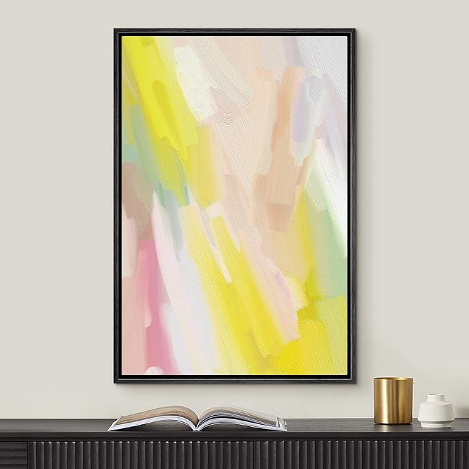 MUDECOR Framed Canvas Print Wall Art Pastel Yellow, Pink & Green Color Field Abstract Shapes Watercolor Modern Art Contemporary Multicolor Ultra for Living Room, Bedroom, Office - 24"x36" Black