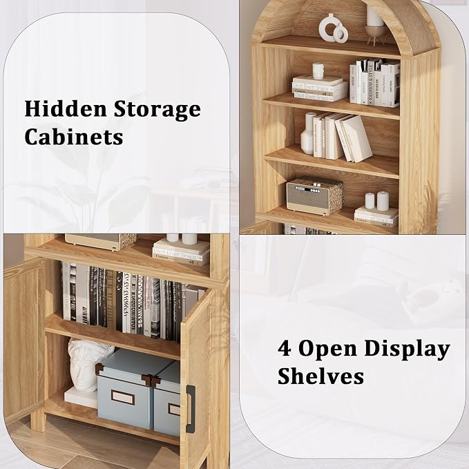 Janmer Home 71" Tall Arched Bookcase with Storage, Modern 6-Tier Cabinet with Door, Arched Bookshelf Cabinet with Open Display Storage Shelf for Living Room (Natural, 71inch 2pcs-Doors)