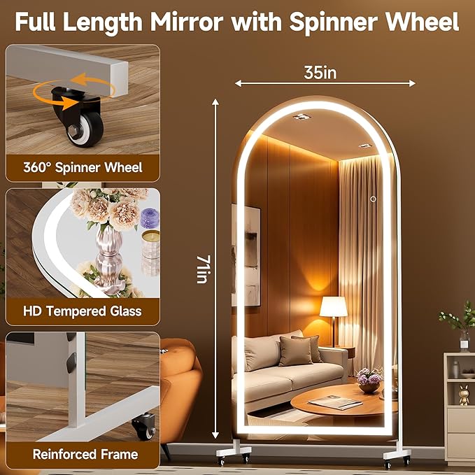 Hasipu 71" x 36" Arched LED Rolling Gym Mirror with Wheels, Dimmable Lighted Body Mirror with 3 Color Temperatures & Adjustable Brightness for Bedroom, Yoga Studio & Home Gym