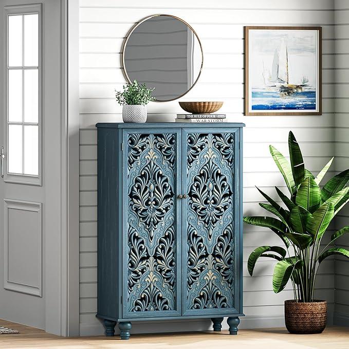 47" Tall Accent Cabinet with Navy Blue Mandala Carved Doors, Solid Wood Legs Storage Cabinet with 100 lbs Capacity, Boho Farmhouse Sideboard Buffet for Entryway, Living Room & Coffee Bar