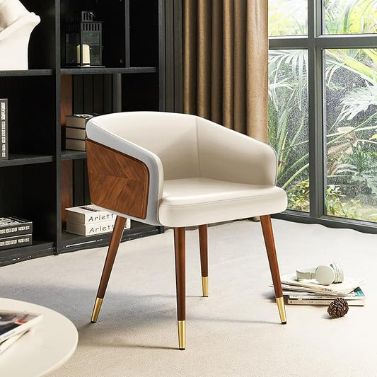 ARTPLAN Modern Upholsted Accent Dining Chairs,Mid-Century Faux Leather with Walnut for Kitchen,Office Waiting Room Arm Sitting Chair, Beech Legs Dissassembly Adjustable Feet,Cream