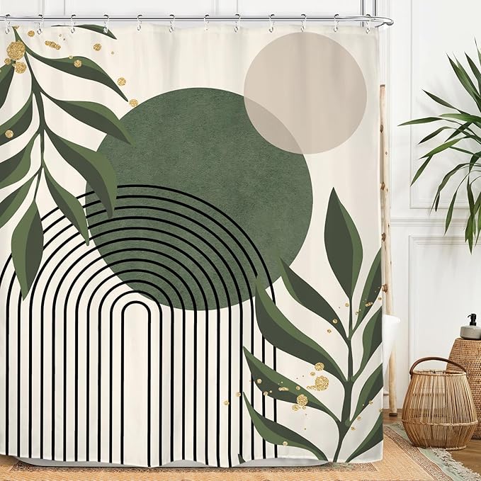 Miyotaa Green Abstract Shower Curtain Set 60Wx71H Inches Neutral Leaves Geometric Minimalist Aesthetic Plant Mid Century Modern Vintage Polyester Waterproof Bathroom Curtain with 12 Hooks