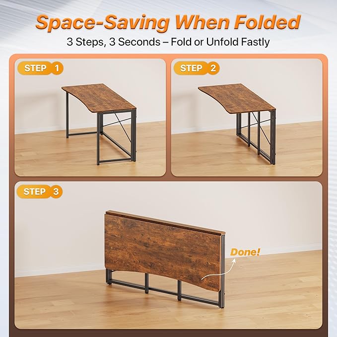 Huuger Folding Desk for Small Spaces, 47.2 Inch Foldable Computer Table, for Home Office, Study, Bedroom, Dorm, Space Saving, Small Writing Work Office Computer Desk, Easy to Fold, Rustic Brown