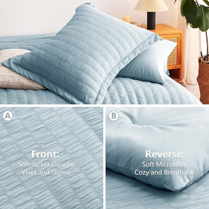 CozyLux Oversized King Comforter Set with Sheets, 7 Pieces 120"x98" Light Blue Seersucker Bed in a Bag, Luxury Soft Bedding Sets with Down Alternative Comforter, Sheets, Pillowcases & Shams, Home Gift
