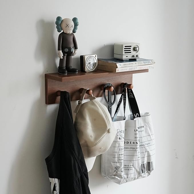 Entrance Coat Rack ，Coat Hooks, Wall-Mounted Wooden Hook Rack, Wall-Mounted Shelves are Very Suitable (Teak Colored Finish—A-1)