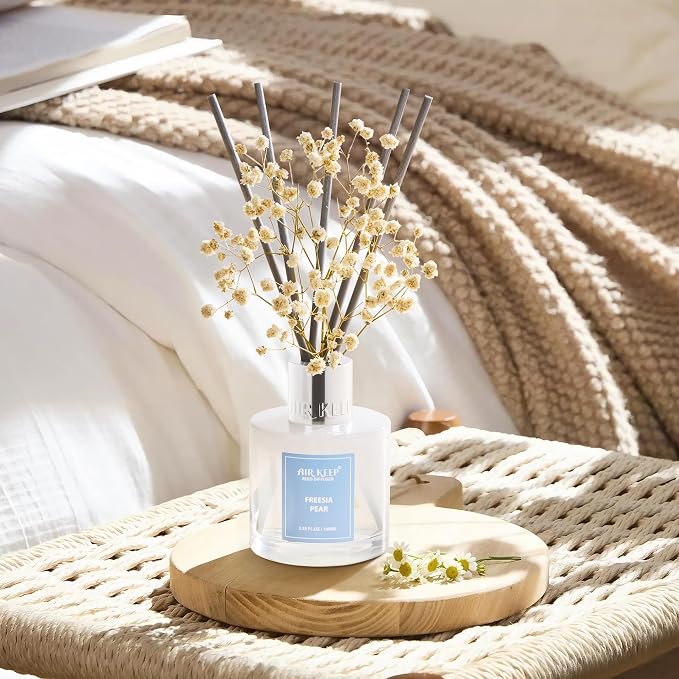 Airkeep Reed Diffuser Set,3.38 fl oz (100 ml) - Freesia Pear Oil Diffusers with 8 Reed Sticks, Home Fragrance Reed Diffuser for Bathroom Shelf Decor