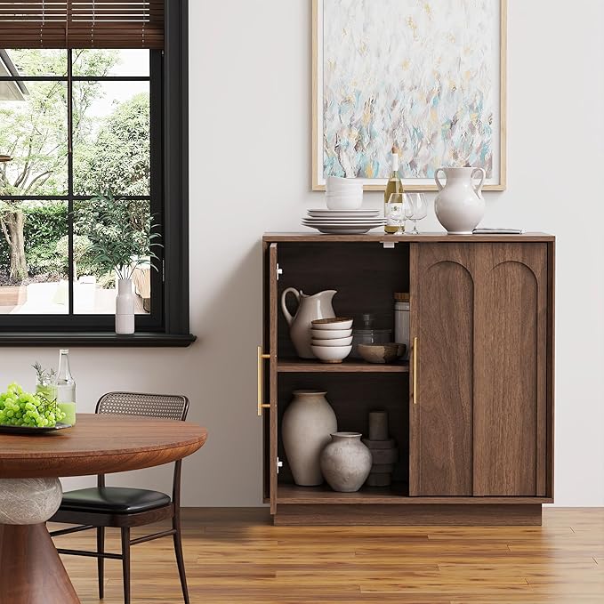 Sideboard Buffet Cabinet with Storage Set of 3, Mid Century Modern Accent Cabinet with Arched Doors, Modular Media Console, Credenza for Living Room Kitchen Dining Room Entryway, Walnut