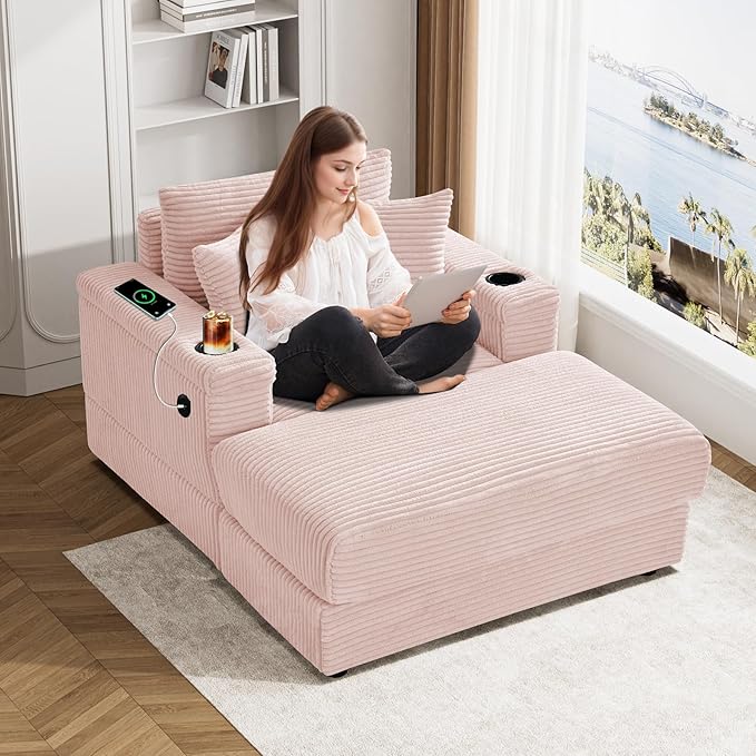 Oversized Chaise Lounge Chair Indoor with Adjustable Backrest, USB, Cup Holder & Ottoman, Firm Solid Wood Frame with Long Service Life Corduroy Oversized Lounge Reading Chair for Study Room - Pink