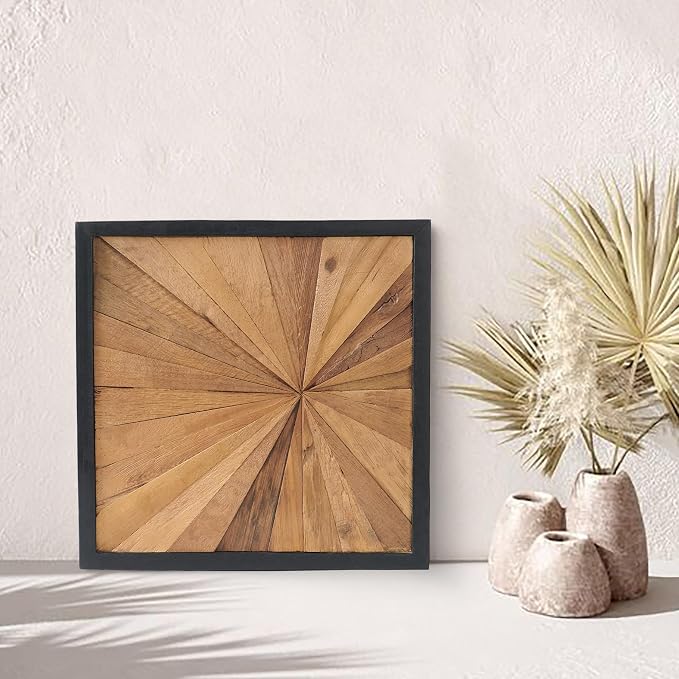 Greenage Natural Teak Wood Wall Art 17"x17" Rustic Farmhouse Sunrise Pattern Natural Wood Decor Hanging Decoration Textured Wooden Frame Wall Panel for Home Living Room Bedroom Meeting Room