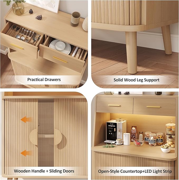 Decofy 47.2" Sideboard Buffet Cabinet with LED Light & Sliding Door, Modern Storage Cabinet with Adjustable Shelf &2 Drawers, Coffee Bar for Kitchen, Entryway(Oak)