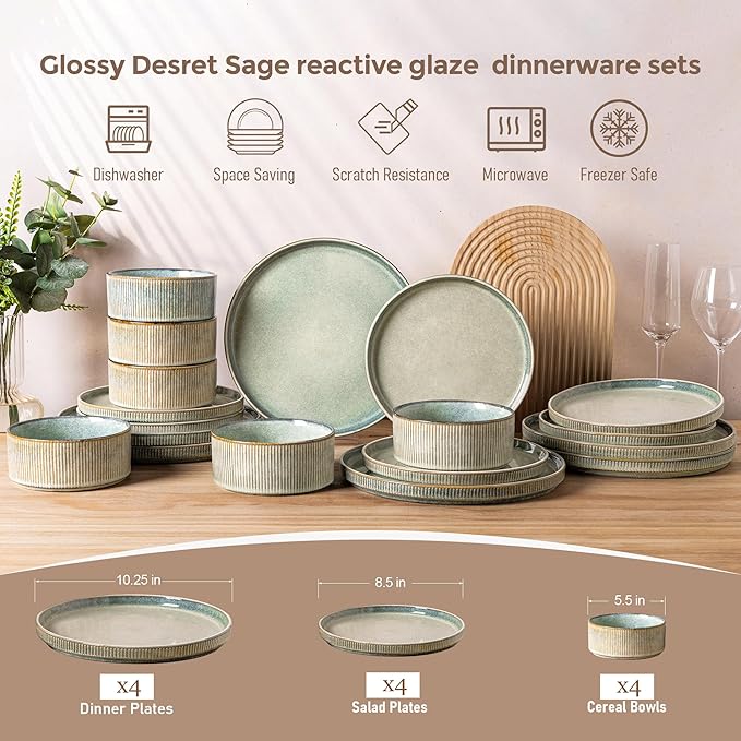 GBHOME 12-Piece Stoneware Dinnerware Set for 4 – Ribbed Ceramic Plates and Bowls, Scratch-Resistant, Microwave & Dishwasher Safe, Reactive Glaze, Desert Sage