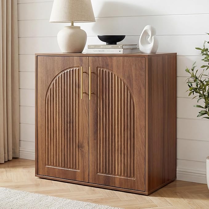 Fluted Sideboard Buffet Cabinet with Storage, Arched Doors & Adjustable Shelves, Modern Accent Credenza, Anti-Tip Console Cabinet for Living Room, Entryway, Hallway & Kitchen, Walnut