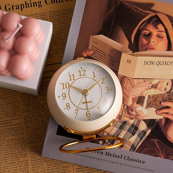 rjuwurv Metal Desk Clock, Retro Bedroom Table Vintage Analog Alarm Clock, Silent Non-Ticking Gold Clock, Bedside Décor(Milk White)