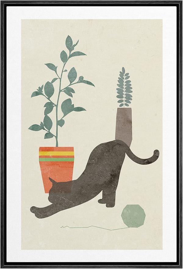 Woodrose Framed Canvas Print Wall Art Retro Black House Cat with Plants Animals Shapes Illustrations Modern Minimalist Chic Relax/Calm Multicolor for Living Room, Bedroom, Office - 24"x36" Black