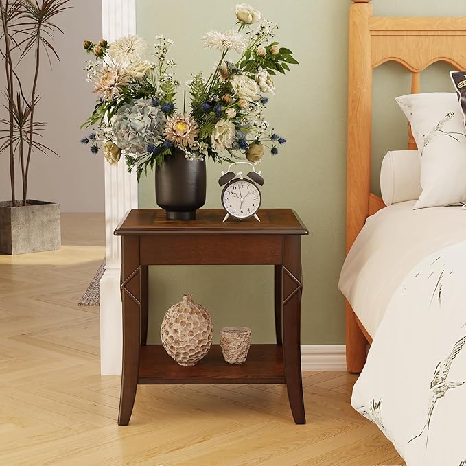 2-Set Solid Wood End Table with Storage Shelf, Cherry Walnut