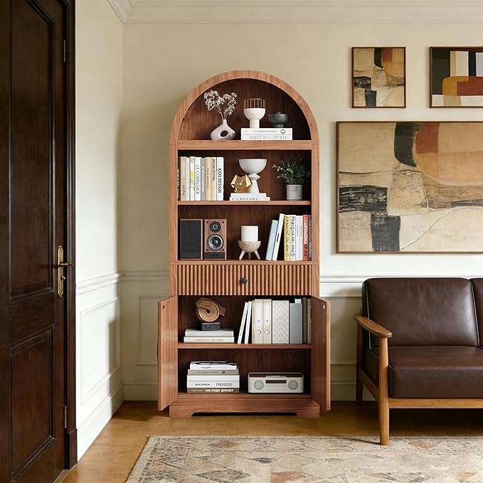 Farmhouse Arched Bookshelf, Mid-Century Modern 5-Tier Curved Cabinet with Door, Wooden Bathroom Storage Cabinet, Kitchen Pantry Cabinet for Living Room, Kitchen，Home Office, Walnut