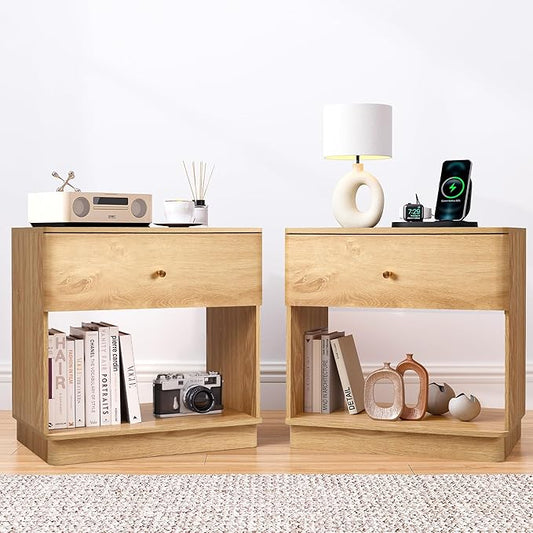 Narrow Nightstand Set of 2, Wooden Small 2 Drawer Nightstand, Slim Side End Table, Skinny Bedside Table, Mid Century Modern Night Stand with Drawers, for Living Room (Natural-Charging Station-2 pcs)