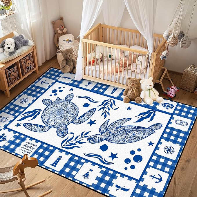 Sea Turtle Rug Coastal Ocean Print Floor Mat Blue and White Plaid Area Rug for Bedroom Living Room Nursery Kitchen Playroom Home Decor Non-Slip Washable Carpet,6'x9'