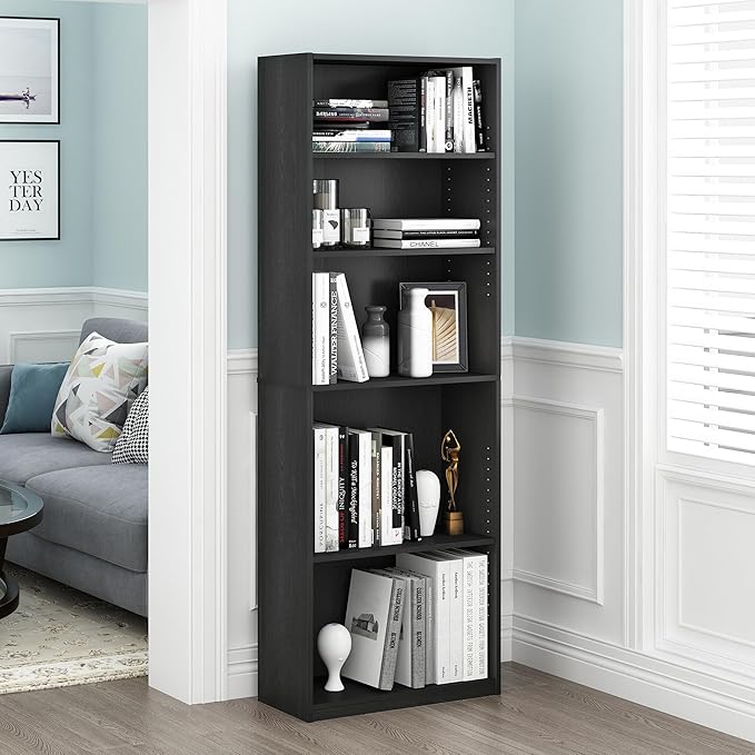 Furinno Jaya Book Shelf Set of 2, 5-Tier Bookshelf, Bookcase, with Adjustable Shelf, 9.5 x 24.5 x 71, for Home Office, Living Room, Black
