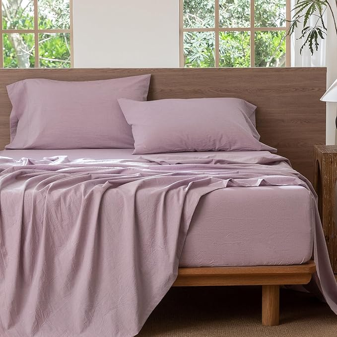 MooMee Bedding Sheet Set 100% Washed Cotton Linen Like Textured Breathable Durable Soft Comfy (Heathered Light Purple, Twin)
