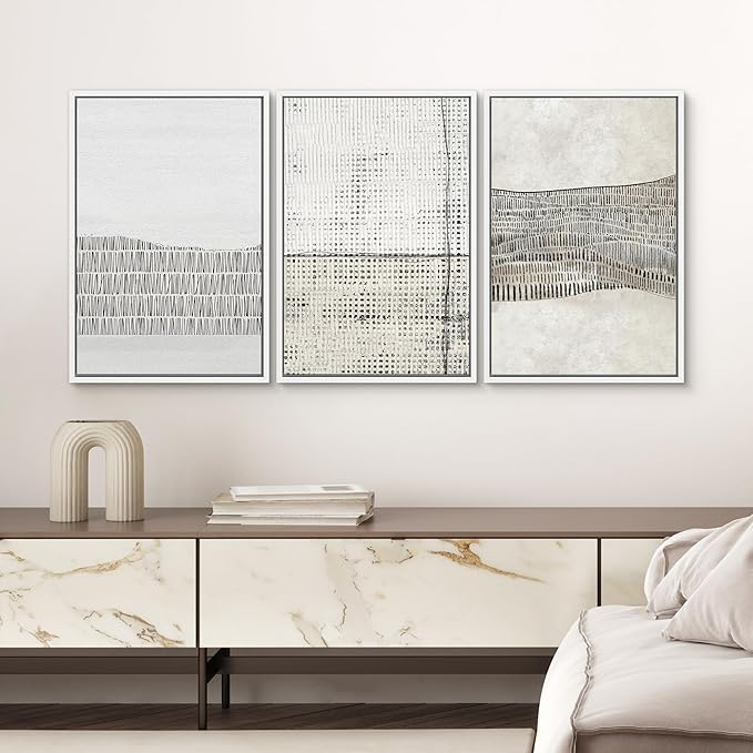 SIGNWIN Framed Canvas Print Wall Art Set Grunge Black Tan Line Art Landscape Abstract Shapes Cozy Neutral Modern Art Decorative Contemporary Minimal for Living Room, Bedroom, Office - 24"x36"x3 White