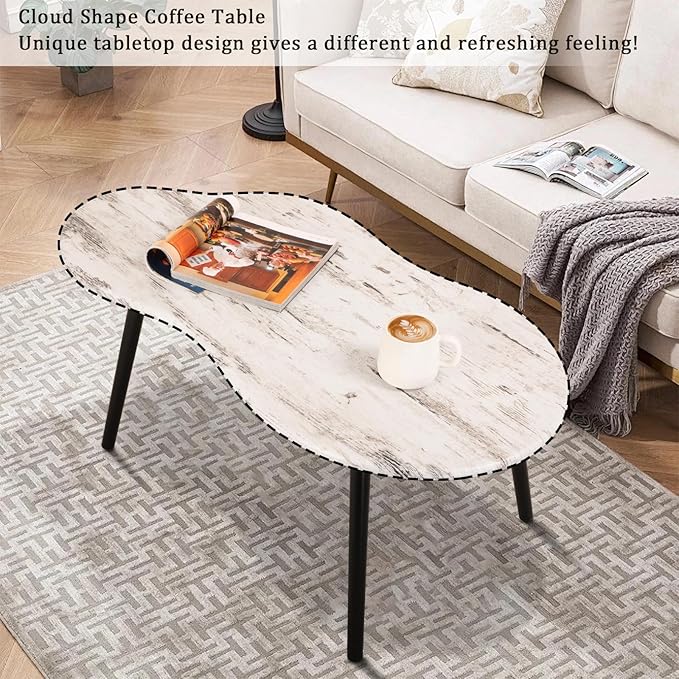 Small Coffee Table Cloud Shape Coffee Tables Unique White Wood Grain Tabletop Floor Table Farmhouse Rustic Decorative Center Sofa Table for Living Room Small Spaces