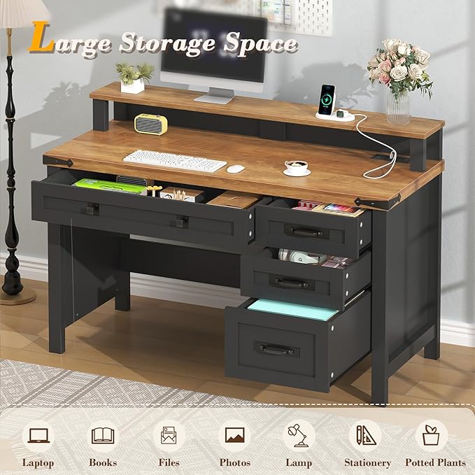 YOMILUVE Farmhouse Computer Desk with Drawers, 47" Small Computer Desk with Power Outlets, Home Office Desk with Monitor Stand & 4 Drawers, Writing Study Table, Brown and Black