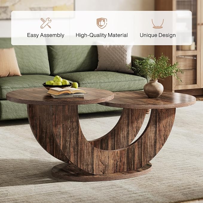 Tribesigns 46-inch Round Coffee Table, Modern Living Room Coffee Table with Funky U-Shaped Frame, Low Accent Center Tea Table for Home, Apartment, Rustic Brown