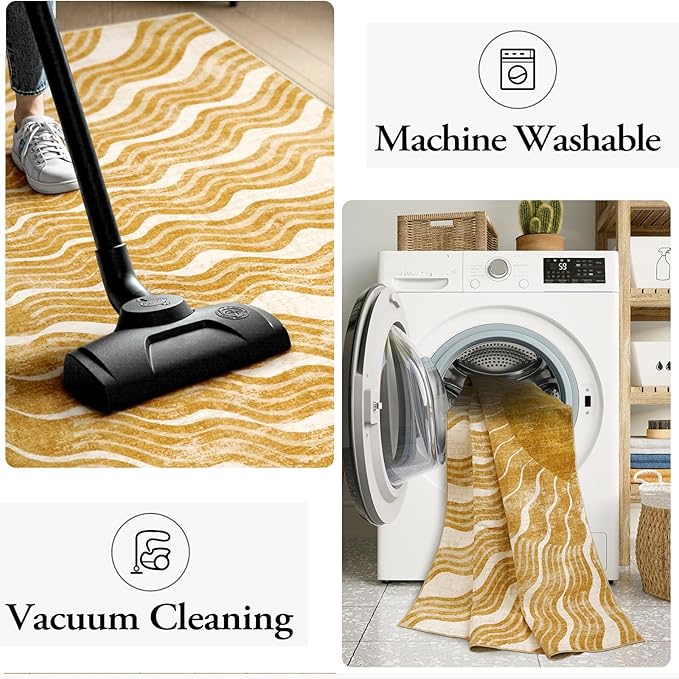 Hedlive Boho Machine Washable Rug 6x9, Sun Print Soft 6x9 Nursery Rug for Bedroom Classroom, Ultra-Thin Non Slip Kids Large Carpet for Living Room Playroom Office(6'x9',Gold/Multi)