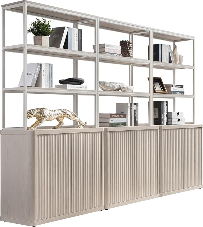 SICOTAS Book Shelf Fluted Bookshelf 71" Tall Bookcase with Doors Storage 5 Tier Mid Century Modern Bookshelves Large Shelves Metal Book Cases for Living Room Office Bedroom Kitchen Library (White)