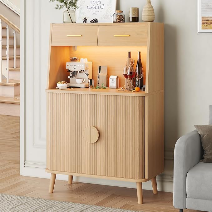 Decofy 47.2" Sideboard Buffet Cabinet with LED Light & Sliding Door, Modern Storage Cabinet with Adjustable Shelf &2 Drawers, Coffee Bar for Kitchen, Entryway(Oak)
