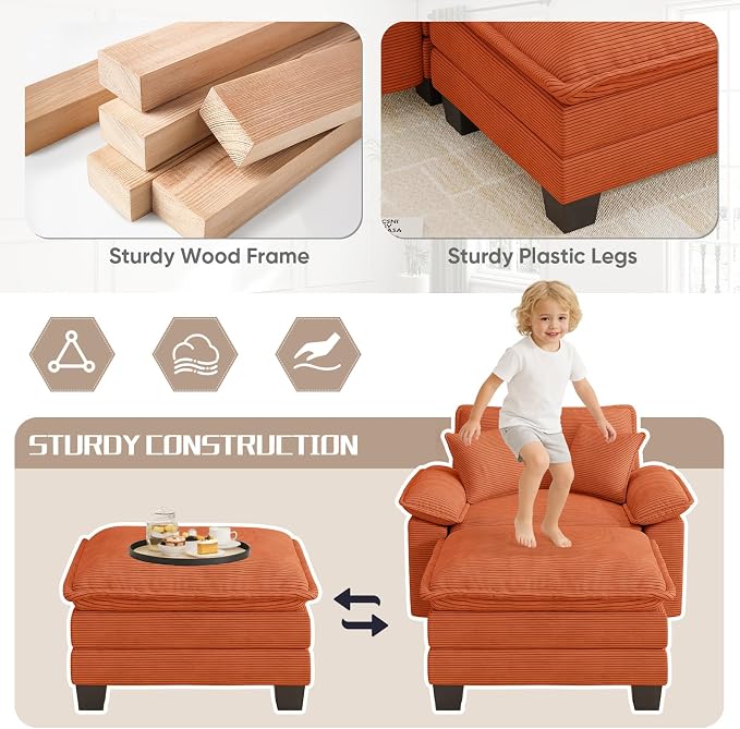 Chaise Lounge Chair Indoor, Oversized Accent Chairs with Ottoman, Luxury Corduroy Upholstered Deep Seat Sleeper Sofa Reading Chairs and A Half with Pillows for Living Room, Bedroom, Apartment, Orange