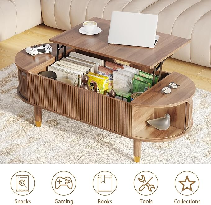 Oval Wood Coffee Table,Fluted Lift Top Coffee Table with Sliding Door and Solid Wood Legs,Suitable for Living Room,Home Office,and Apartment. (Walnut)