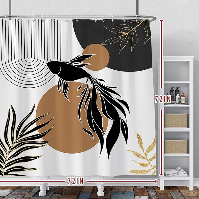 Baocicoo Boho Abstract Goldfish Shower Curtain Simple Geometric Line Aesthetic Minimalist Modern Neutral Shower Curtain for Bathroom Fabric Waterproof Durable Bath Curtain with Hooks 72x72 Inches
