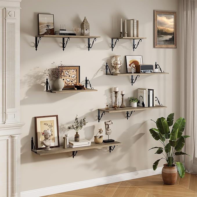 RICHFOCUS 12 Inch Deep Floating Shelves for Wall, 16" W x 12" D Wood Wall Shelves Set of 2, Wide Floating Shelves for Living Room, Bedroom, Kitchen, Bathroom and Decor Storage, Grey