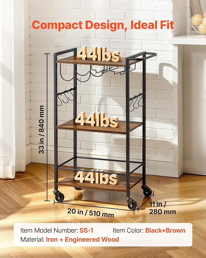 VEVOR Bar Cart, 3 Tiers Home Kitchen Serving Carts, Industrial Rolling Utility Station on Wheel, Mobile Drink Beverage Shelf with Wine Rack & Glass Holder, 20.08x11.02x33.07 in, Rustic Brown and Black