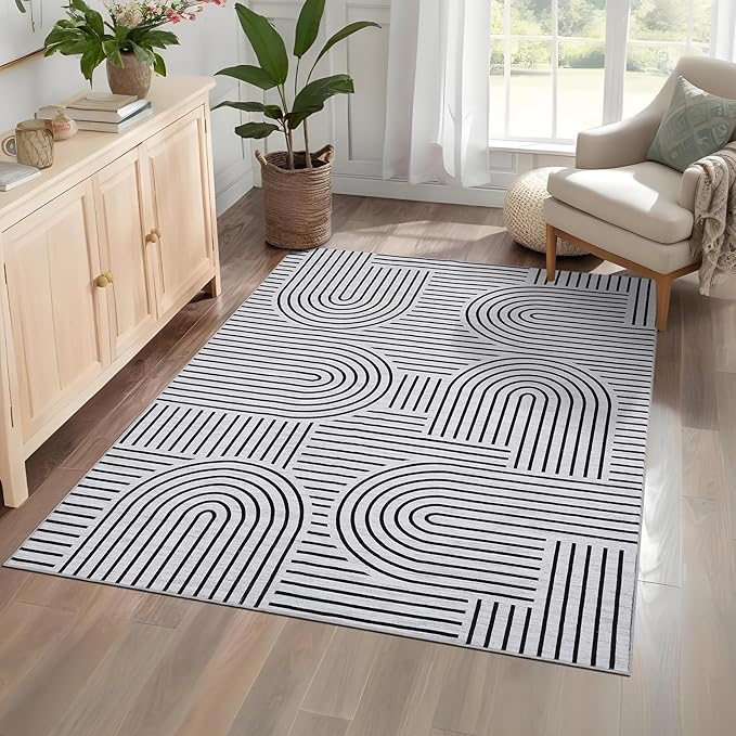 Washable Rug 5x7 Area Rugs for Living Room, Abstract Rug for Bedroom, Soft Rainbow Non Slip Rugs with Rubber Back, Low Pile Stain Resistant Boho Geometric Carpet for Dining Room, Blackwhite
