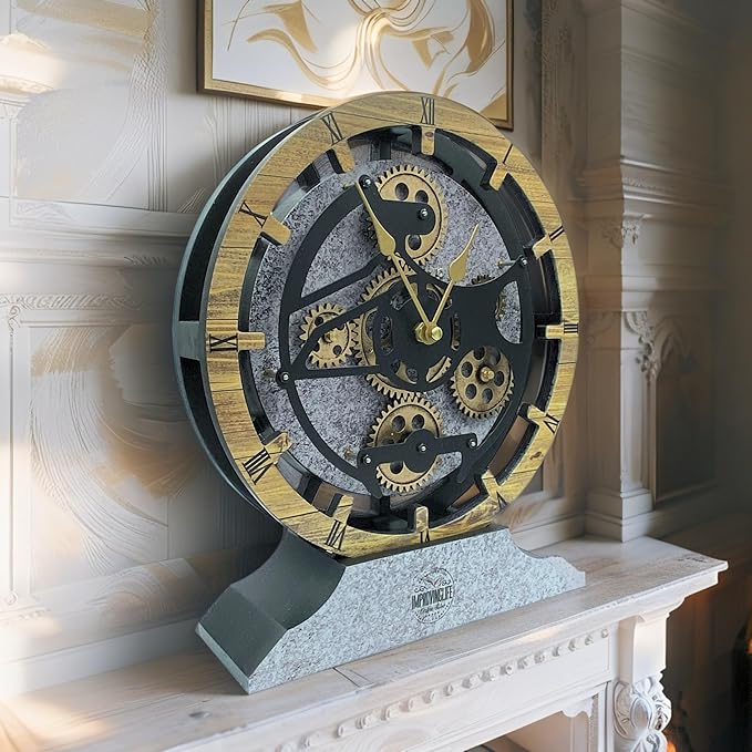 ImprovingLife Desk Clock 10 inches with Real Moving Gears Convertible into Wall Clock (Brown and Grey)