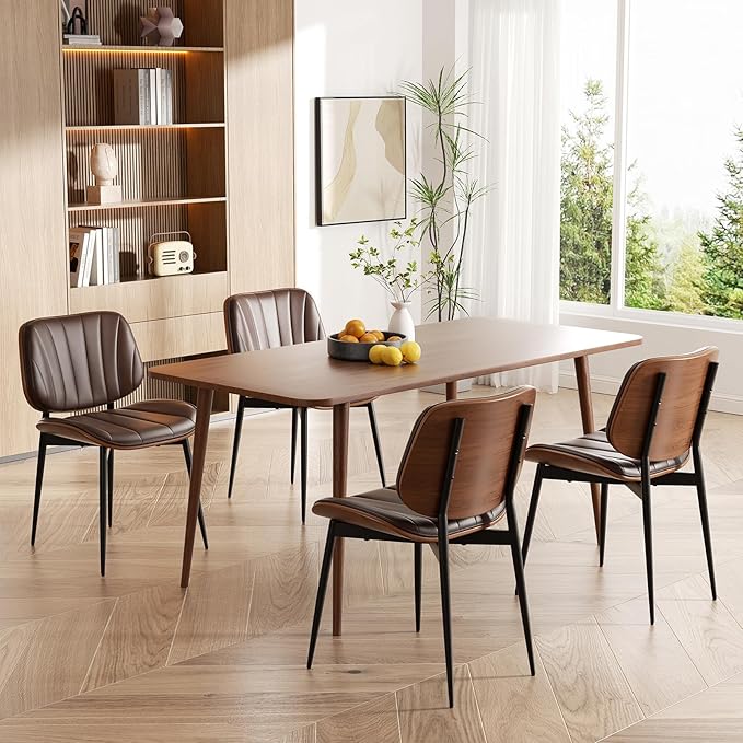 Dining Chairs Set of 6, Mid Century Modern Dining Room Chairs, Upholstered Faux Leather Kitchen Chairs with Walnut Bentwood Back and Metal Legs