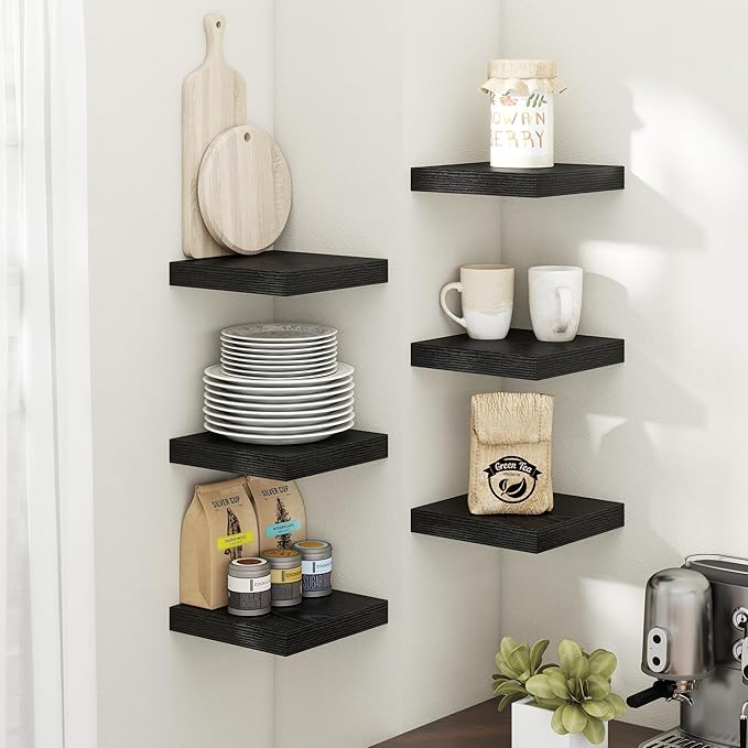 8 Inch Square Floating Shelves for Wall 3 Pack, 8"D Wood Grain Bathroom Shelves with Invisible Brackets, Easy Install Engineered Wood Storage Shelves for Kitchen, Living Room, Bedroom, Black Finish