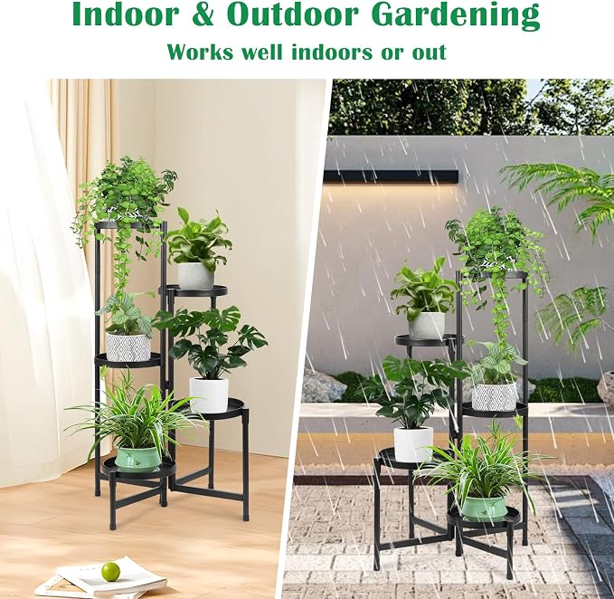 Plant Stand Indoor Outdoor 5 Tier Metal Plant Stand, Foldable Corner Plant Shelf Multi Tiered Flower Pot Holder Display Rack, Heavy Duty Multiple Plant Holder for Patio Living Room Balcony Garden, Black