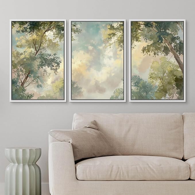 wall26 Framed Print Wall Art Set Soft Pastel Sky and Tree Canopy Abstract Nature Decorative Minimal Relax/Zen for Living Room, Bedroom, Office - 24"x36"x3 White