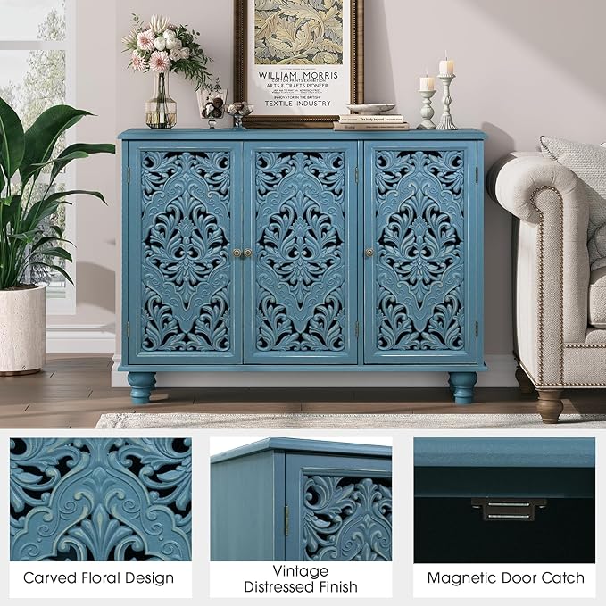 Accent Cabinet with 3 Carved Doors, Distressed Blue Sideboard Buffet with Storage & Solid Wood Legs, 43" Vintage Console Table for Living Room, Entryway, Coffee Bar, Hallway