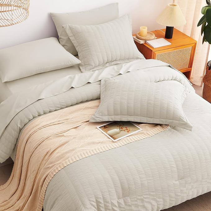 CozyLux King Size Comforter Set Oatmeal, 7 Pieces Seersucker Textured Luxury Bed in a Bag, All Seasons Soft Bedding Sets with Down Alternative Comforter, Sheets, Pillowcases & Shams, Home Gift