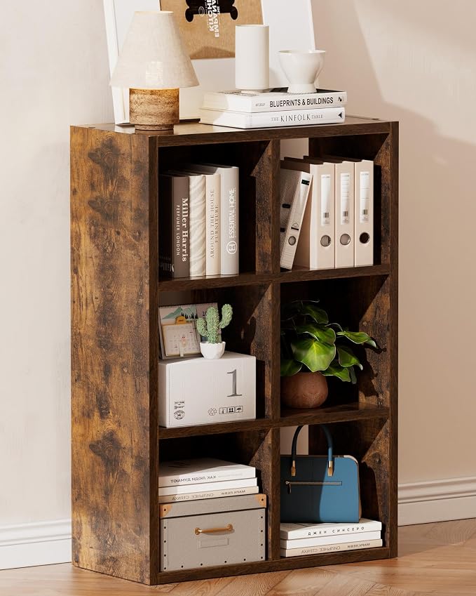 GTPLAYER 6-Cube Storage Organizer, Fits 11" Bins, Vertical or Horizontal Use, Opening Bookshelf, Partial Back Panels, Stackable Design Bookcase, for Closet, Bedroom, Amber Brown