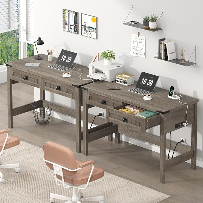 YOMILUVE Farmhouse Computer Desk with 2 Drawers, 39 Inch Small Computer Desk with Power Outlets, Home Office Desk Compact Writing Study Table for Small Spaces, Grey